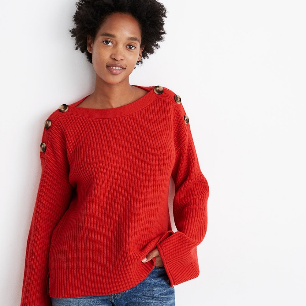 Madewell Red Ribbed Button-Shoulder Scoop Sweater